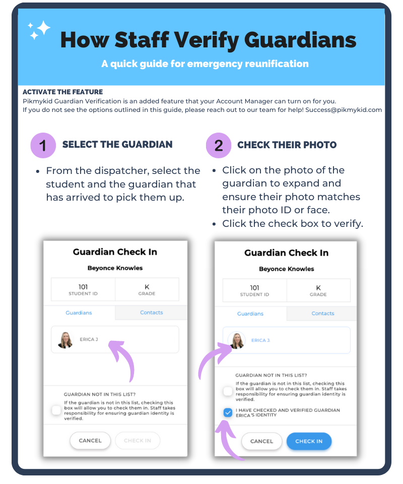 Guardian verification instructions for staff during emergency reunification