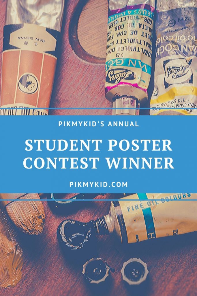 PikMyKid poster contest winner pinterest graphic with bottles of paint