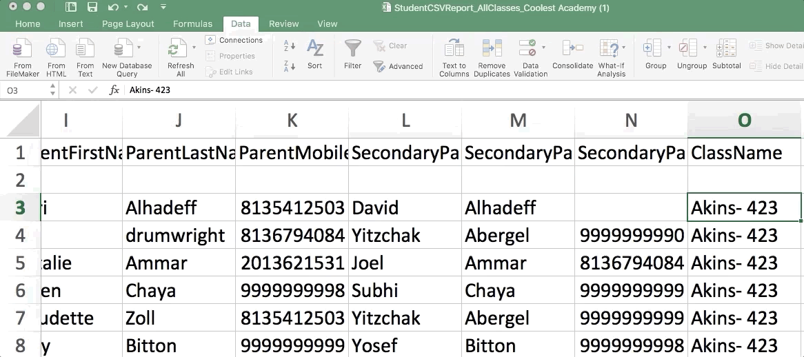 Updating the student's classrooms in excel