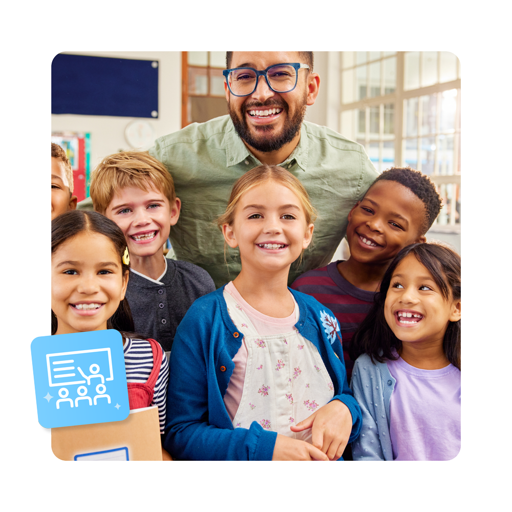 teacher smiling with students