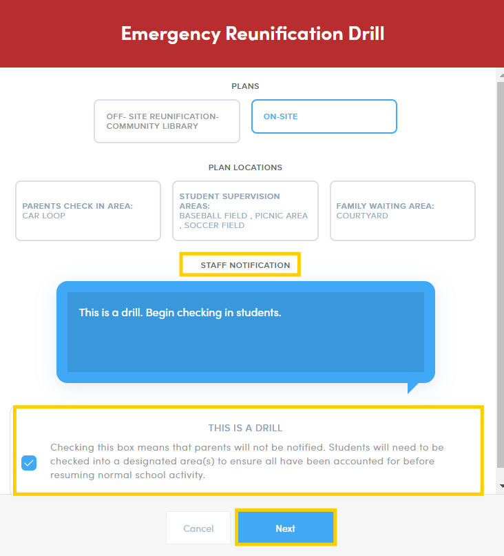 selecting emergency reunification drill